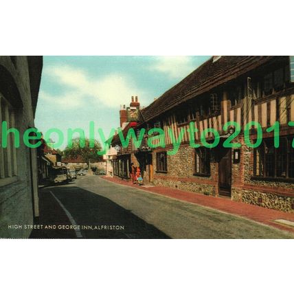 High Street & George Inn, Alfriston, Sussex, England, Postcard, Salmon