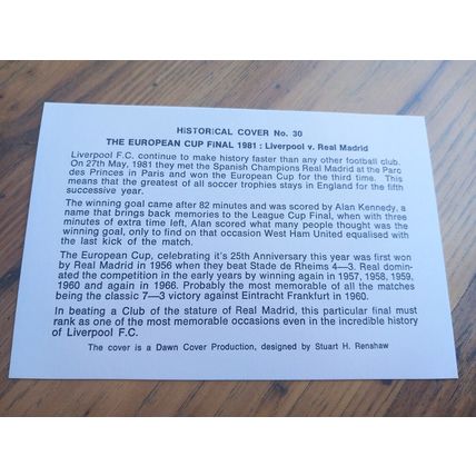 1981 EUROPEAN CUP FINAL LIVERPOOL vs REAL MADRID - Paris FIRST DAY COVER *