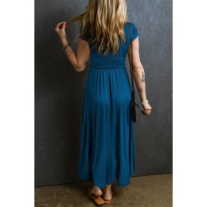 Peacock Blue Short Sleeve Shirred High Waist V Neck Maxi Dress