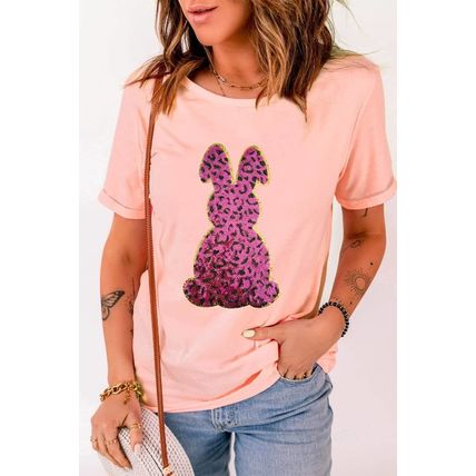 Pink Sequined Leopard Bunny Easter Graphic Tee