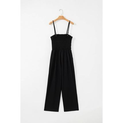 Black Spaghetti Straps Shirred Bodice Pocketed Wide Leg Jumpsuit