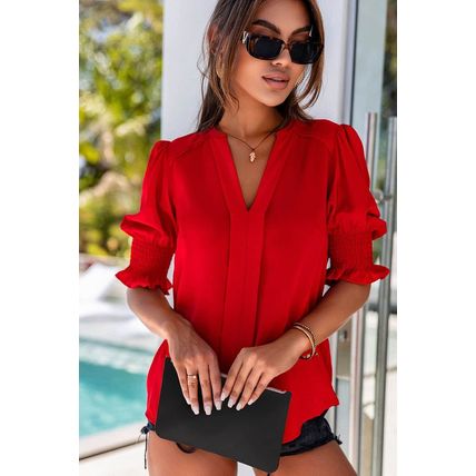 Red Solid Color Half Sleeve V Neck Blouse