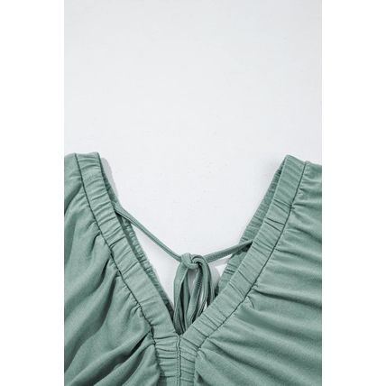 Green Textured V Neck Flutter Sleeve Ruffled Maxi Dress