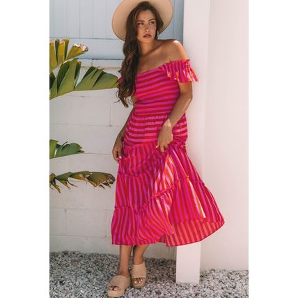 Rose Stripe Flutter Sleeve Smocked Bodice Tiered Maxi Dress