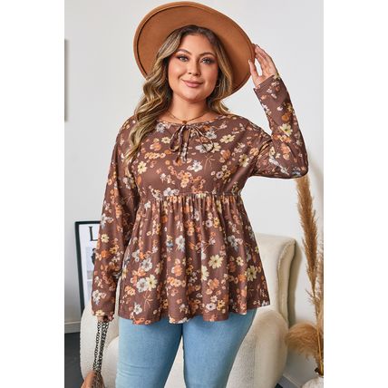 Khaki Floral Textured Tied Neck Long Sleeve Plus Size Babydoll Blouse