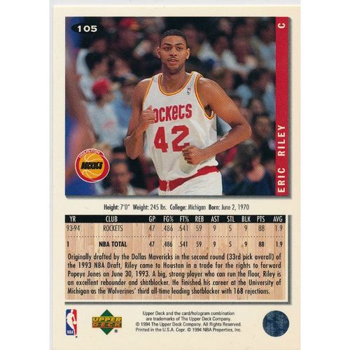1994-95 Upper Deck Collector's Choice #105 Eric Riley Houston Rockets