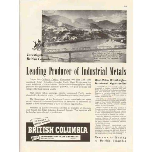 british columbia 1947 leading producer industrial metals vintage ad