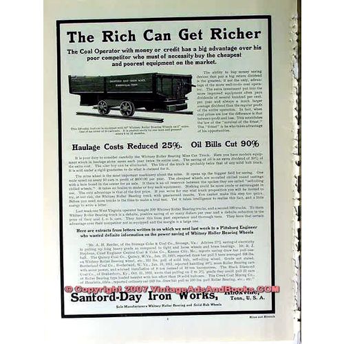 SANFORD-DAY IRON WORKS 1910 Rich Get Richer coal mine car vintage ad