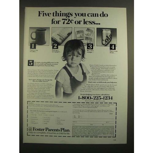1988 Foster Parents Plan Ad - Five Things You Can Do For 72¢ or Less