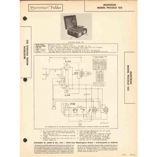 MUSITRON model Piccolo 103 phono record player Sams Photofact manual