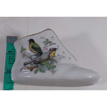 Miniature Porcelain Baby Shoe - Yellow-breasted chat on Flowering Branch