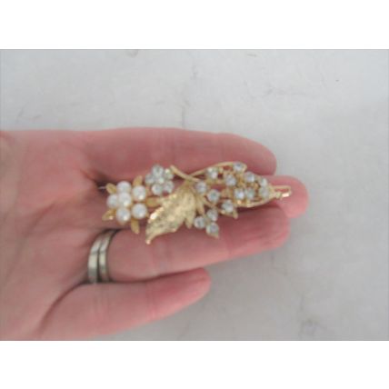 Silver or gold flower and leaf pearl crystal hair pin clip barrette