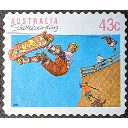 STAMP AUSTRALIA SG1260 1990 43c Sports Skateboarding die cut Used