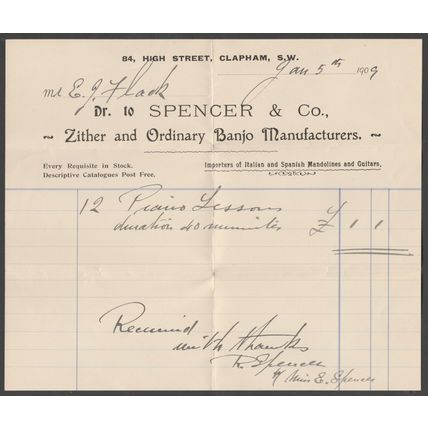 Two Bills & Receipt - Spencer & Co, Zither & Banjo Manufacturers, Clapham, 1909