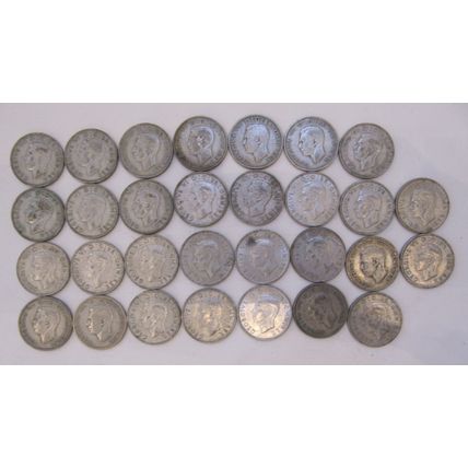 30 x CIRCULATED PRE-1947 GEORGE VI TWO SHILLING HALF-SILVER COINS 338g