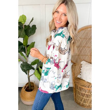 White Colorful Tiger Print Ruffled Lantern Sleeve Blouse