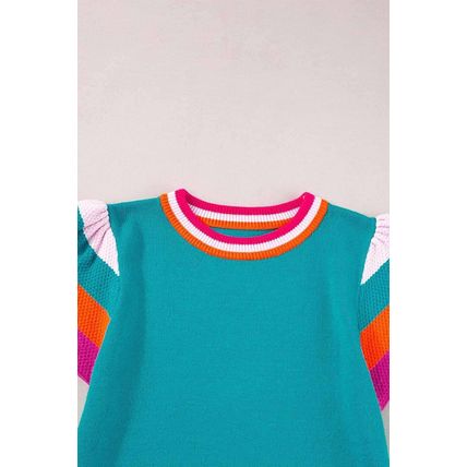 Turquoise Contrast Flutter Sleeves Knitted Sweater T Shirt