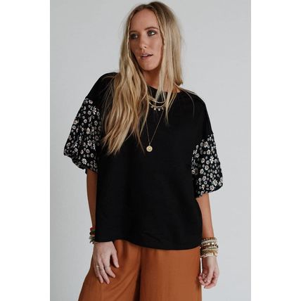 Black Contrast Floral Puff Sleeve Oversized Top