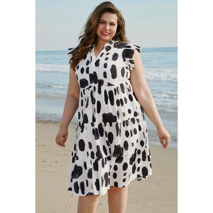 White Polka Dot Print Ruffled Sleeve Pocketed Plus Size Midi Dress