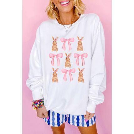White Easter Bunny Bow Print Round Neck Pullover Sweatshirt