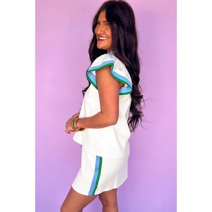 White Colorblock Edge Cap Sleeve Collared Top 2 Piece Skirt Set