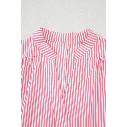 Pink Stripe Notched Neck Frilled Short Puff Sleeve Blouse