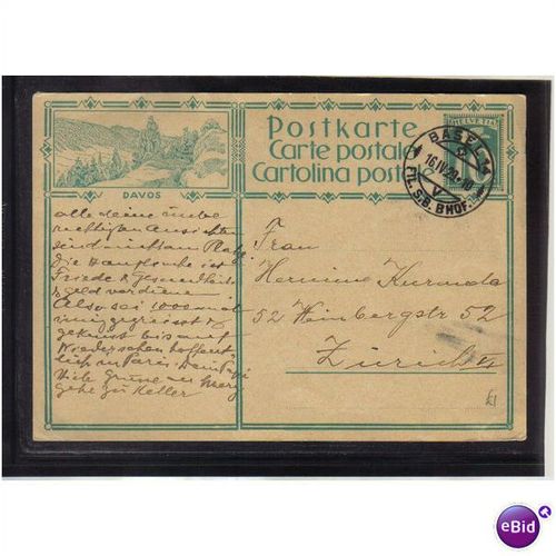 1929 SWITZERLAND DAVOS POSTCARD 10C BASEL PMK