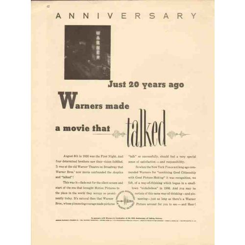 warner brothers 1947 anniversary 20 years ago movie talked vintage ad