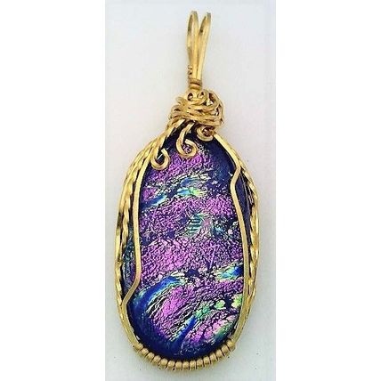 Pink Blue Dichroic Glass Brass Wire Wrap Pendant 5