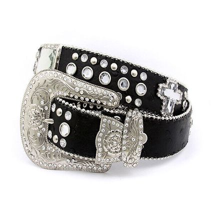 Belt - Rhinestone Split Leather Belt - Ostrich Embossed w/ Cross Charms - Bla...