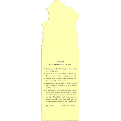 Bookmark Smokey The Bear 1958-59 US Dept. of Agriculture Canada Forest Service