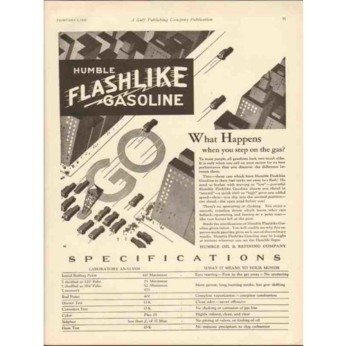 HUMBLE OIL REFINING COMPANY 1930 happens Flashlike Gasoline vintage ad