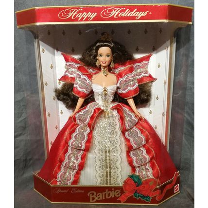 Mattel 1997 Happy Holidays Barbie With Red And Gold Dress - Rare Item!!