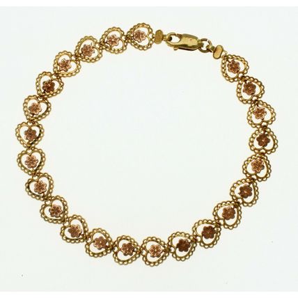 Solid 14K Gold Multi Tone Tri Color Flower in Heart Bracelet 9.9 Gr 8 Inch Long