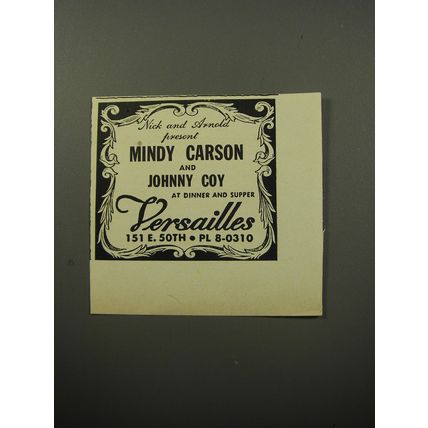 1951 Versailles Club Ad - Nick and Arnold present Mindy Carson and Johnny Coy