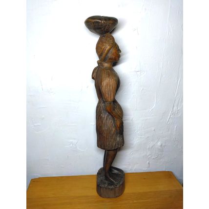 African Sculpture Tribal Woman Water Pot on Head Wood Carving - Abstract Art 19"