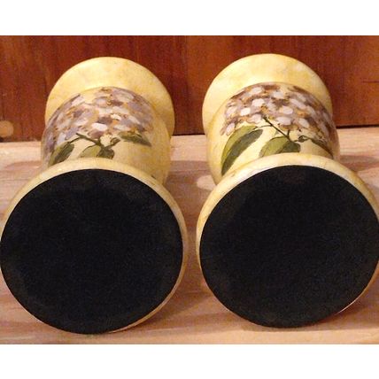 Hand Painted Floral Ceramic 6" Tall Candlesticks Lilacs Botanical Black Bottoms