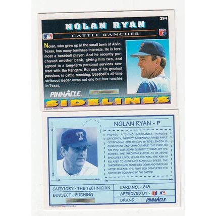 TWO 1992 Pinnacle Nolan Ryan baseball cards #618 & Sidelines #294 - HOF