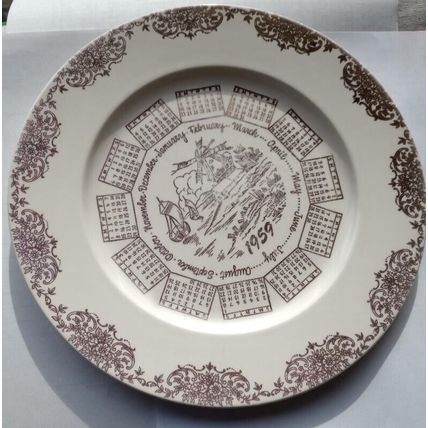1959 Calendar Plate Taylor Smith Taylor Aqua Blue with Gold Lettering Made USA