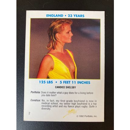 Portfolio '92 International Swimsuit Base trading card # 2 Candice Shelsby (A)