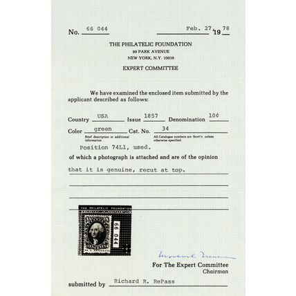 34, Used 10¢ - Position 74L1 - With Clean PFC Certficate * Stuart Katz