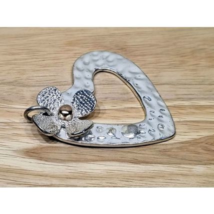 Big Heart Pendant, Chunky Silver Tone Necklace Charm