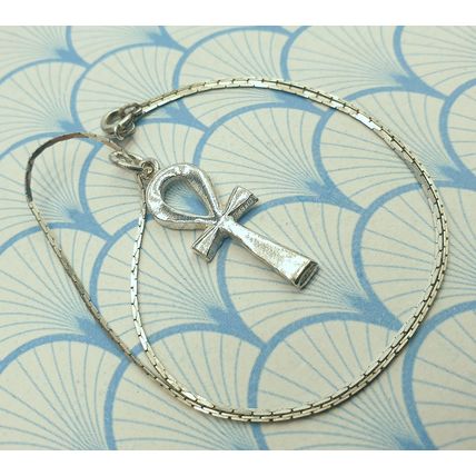 Vintage 800 and 925 Sterling Silver Egyptian Ankh Pendant Choker Necklace