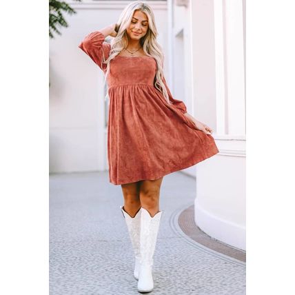 Brown Suede Square Neck Puff Sleeve Dress