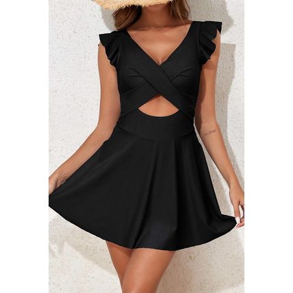 Black 2-tone Patchwork Crossed Cutout One Piece Swimdress
