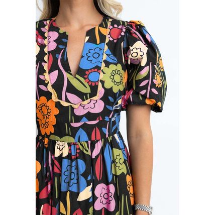 Black Retro Floral Printed Split Neck Maxi Dress