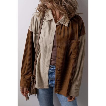 Brown Color Block Chest Pockets Buttoned Corduroy Shacket