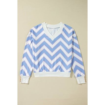 Sky Blue Zigzag Striped Print V Neck Oversized Top