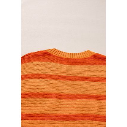 Orange Stripe Colorblock Crew Neck Drop Shoulder Loose Sweater