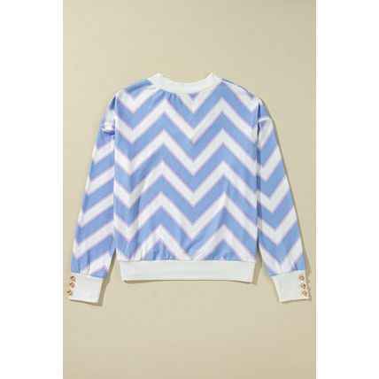 Sky Blue Zigzag Striped Print V Neck Oversized Top